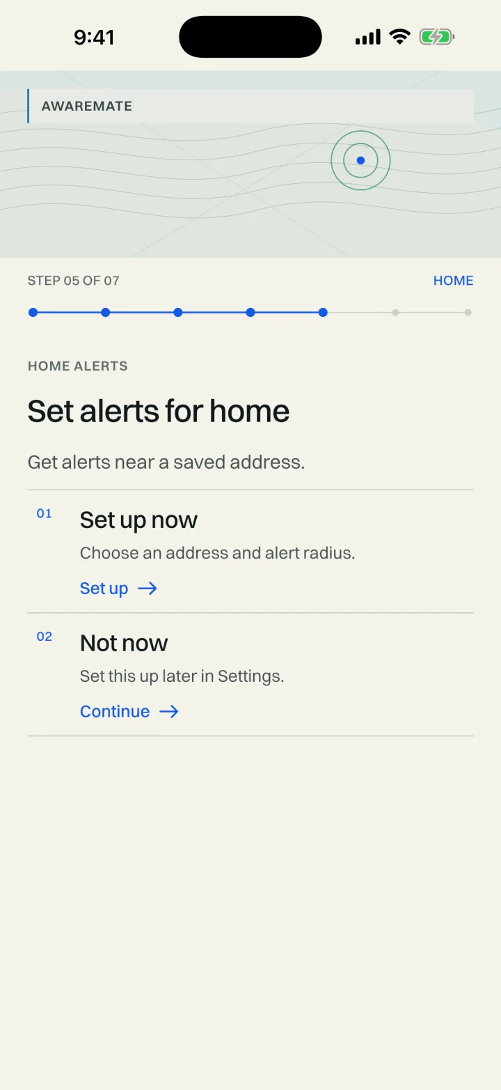 Awaremate onboarding screen for setting alerts around home
