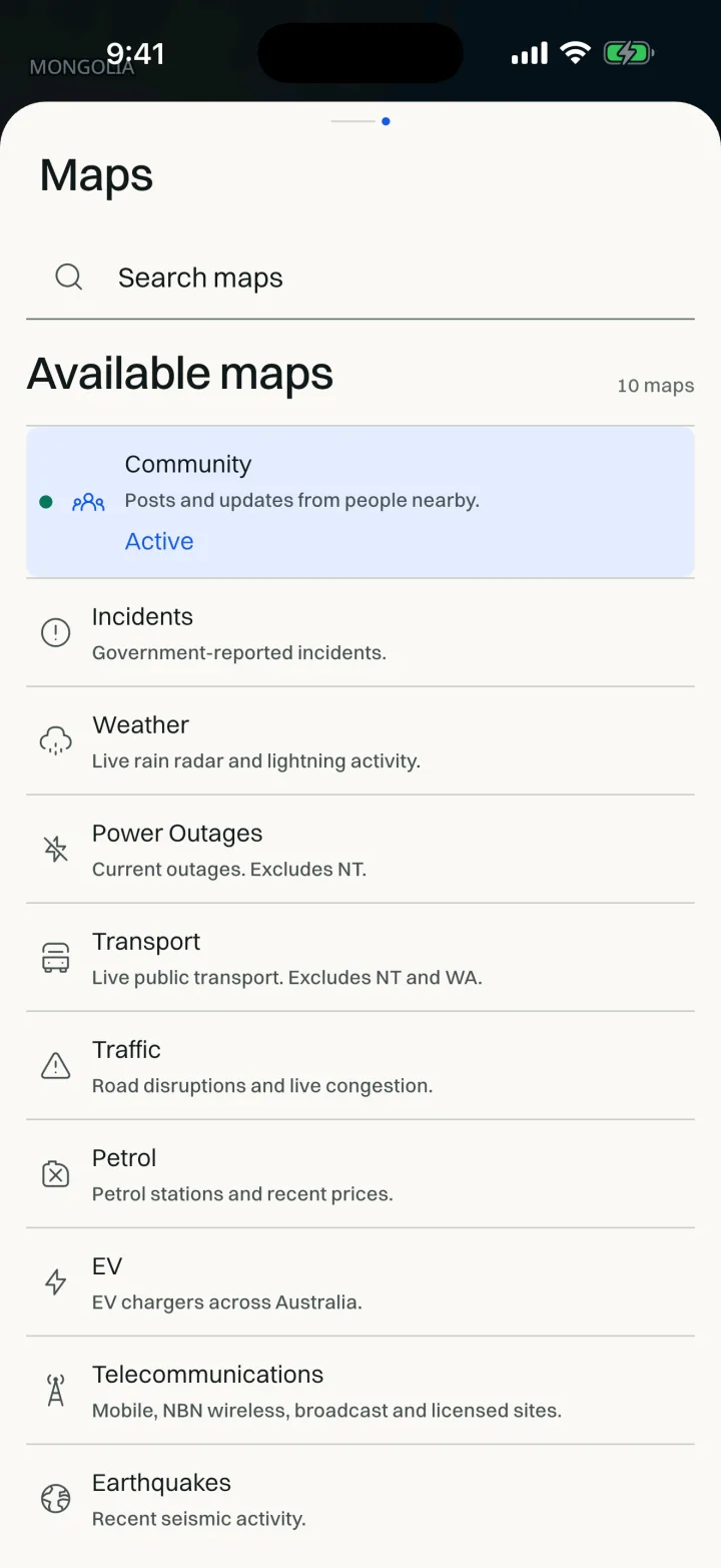 Awaremate maps screen listing supported map layers