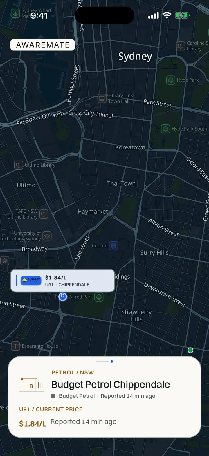 Awaremate petrol map showing a selected Sydney station and recent price