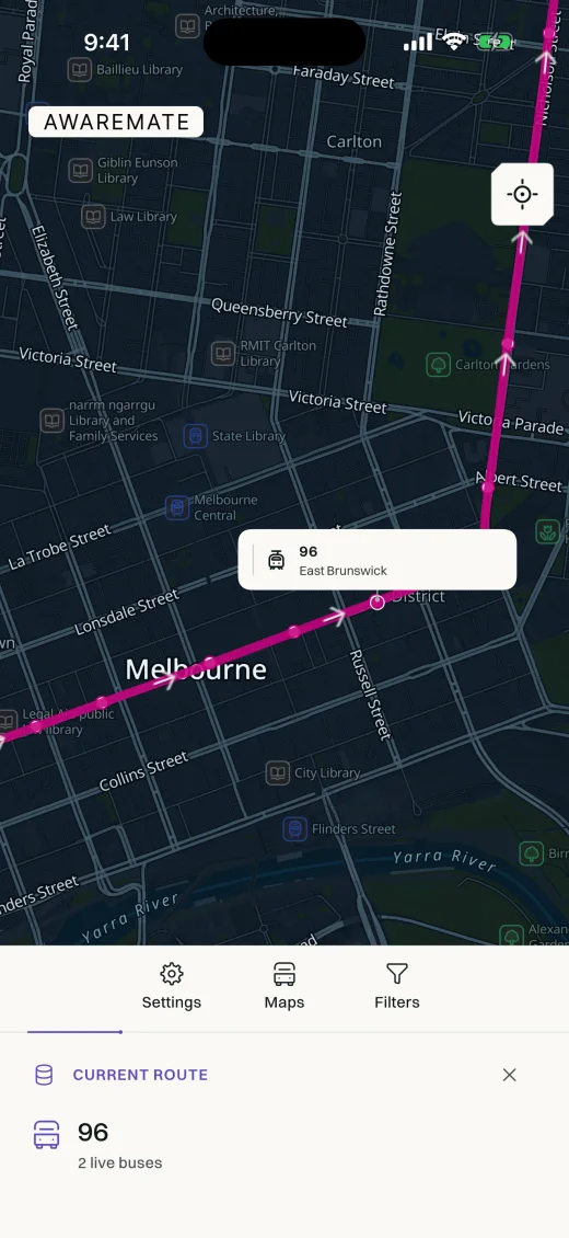 Awaremate showing live Melbourne public transport on the map