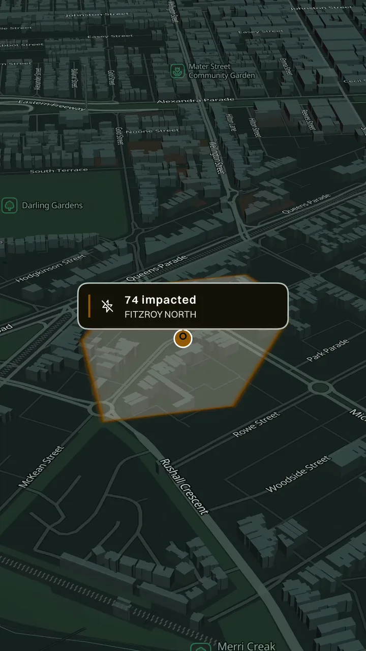Awaremate power outage map showing an affected area and customer estimate