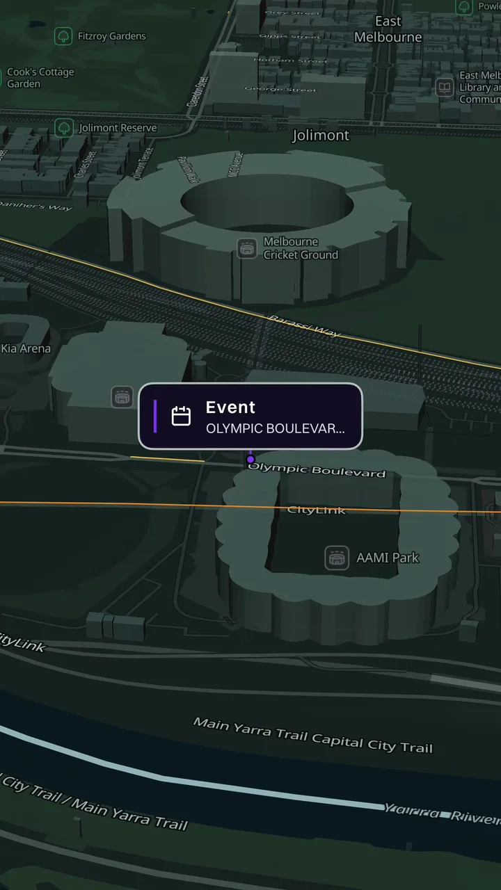 Awaremate traffic map showing a selected Melbourne traffic condition